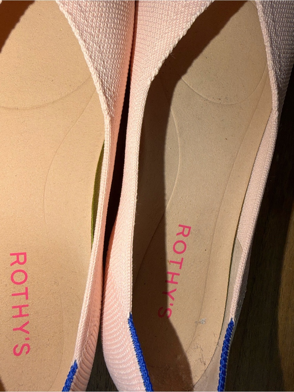 Rothy's Pale Pink V-Neck Knit Flats with Blue Heel Trim - Picture 7 of 7